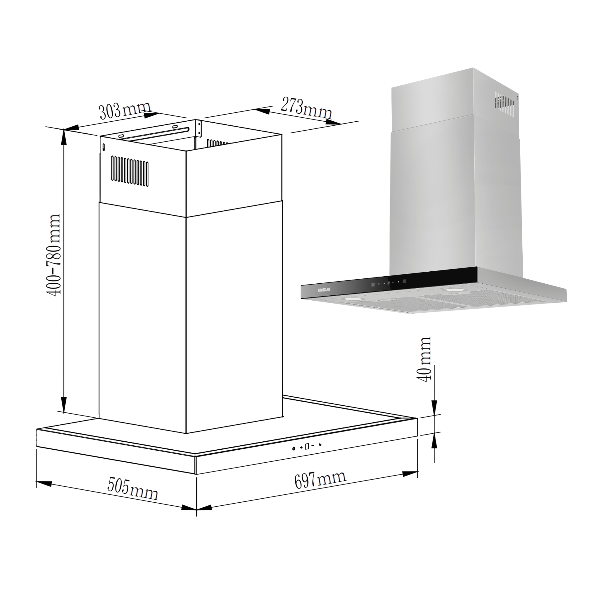 RV-CHWM3C070TSS - Máy hút mùi kiểu chữ T RCA Century Collection 70 cm, lưới lọc nhôm