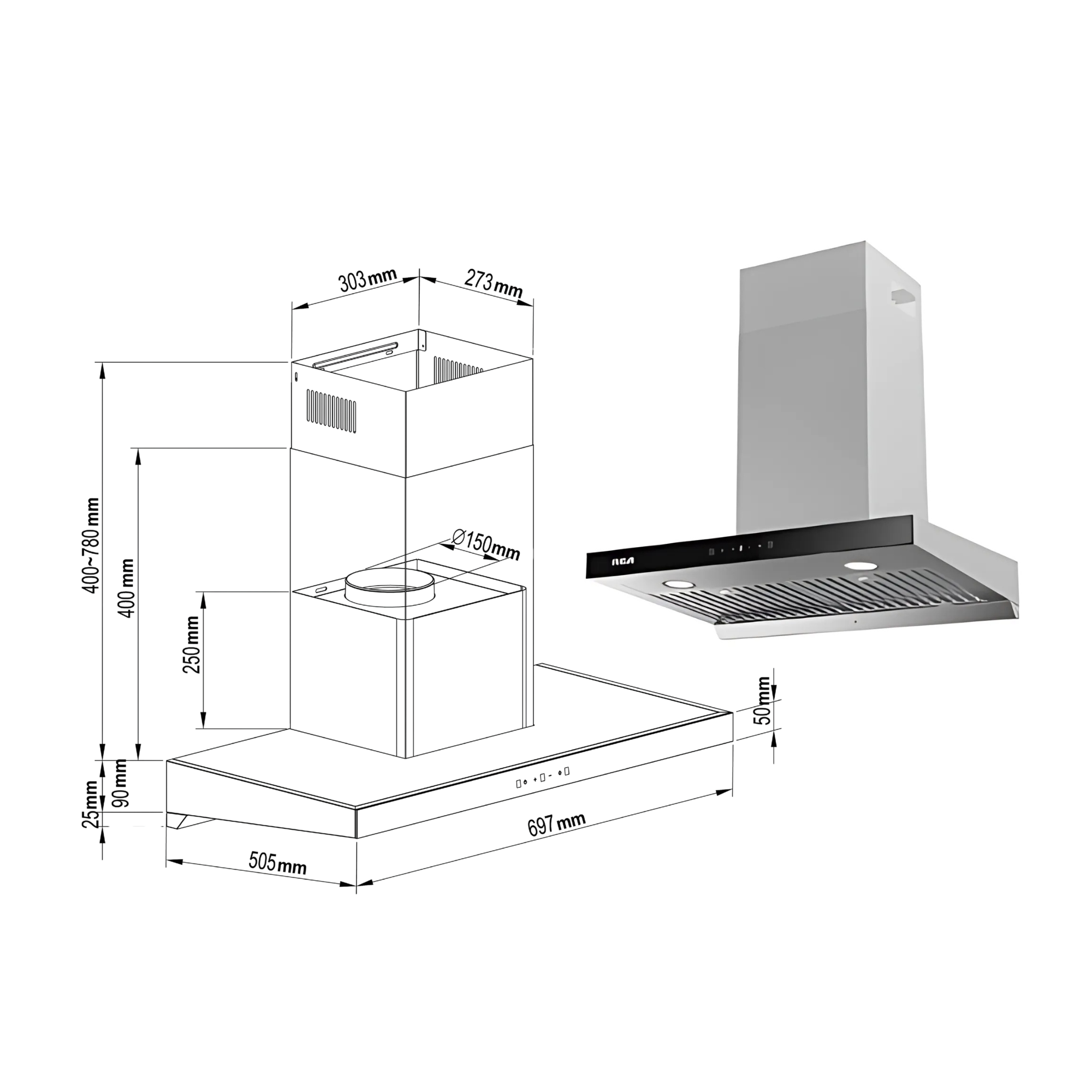 RV-CHWM3H070TSS - Máy hút mùi kiểu chữ T RCA Century Collection 70 cm, lọc inox, tay vẫy