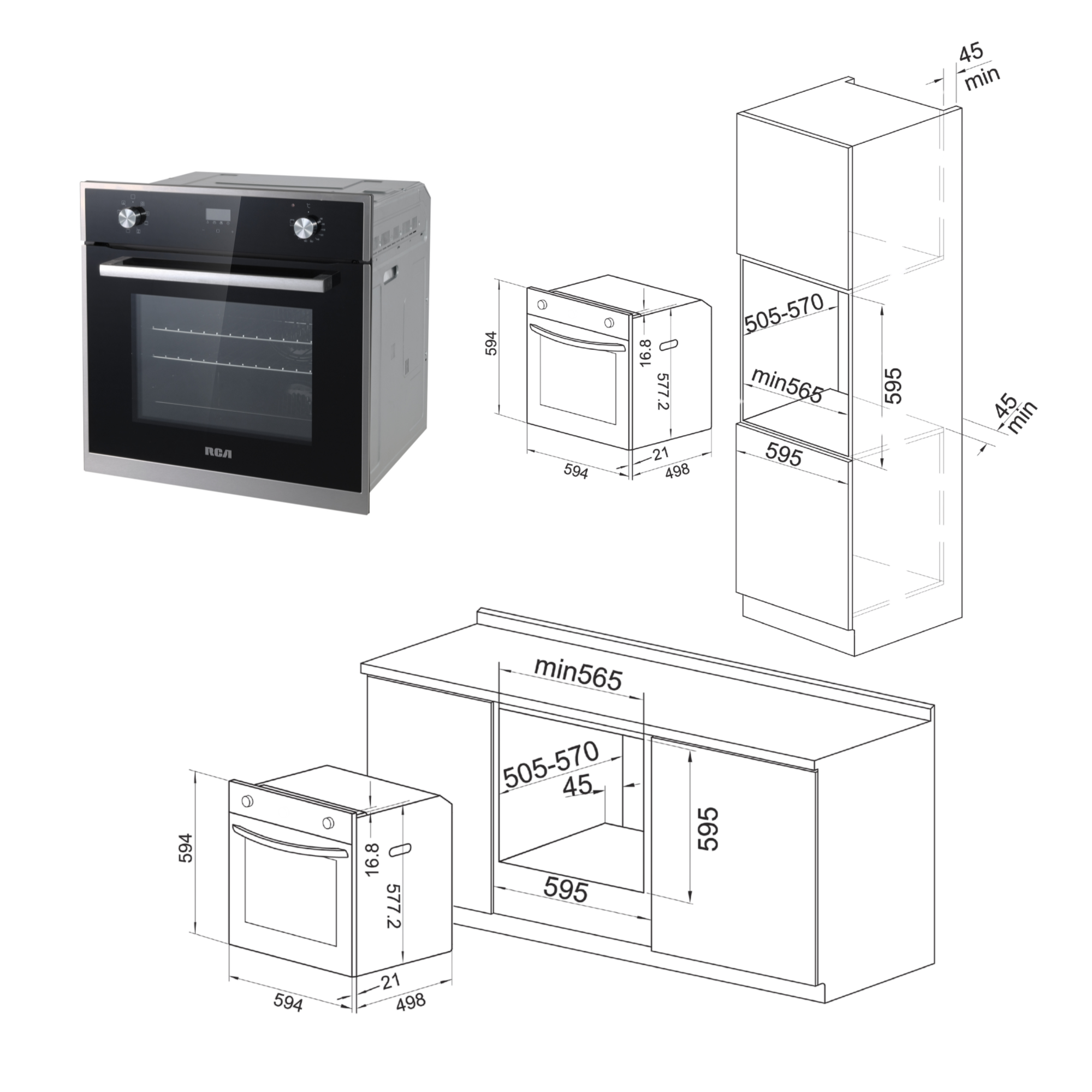 RV-BOEP0601BK - Lò nướng âm tủ RCA 60 cm, 70L, núm vặn - cảm ứng, 8 chức năng