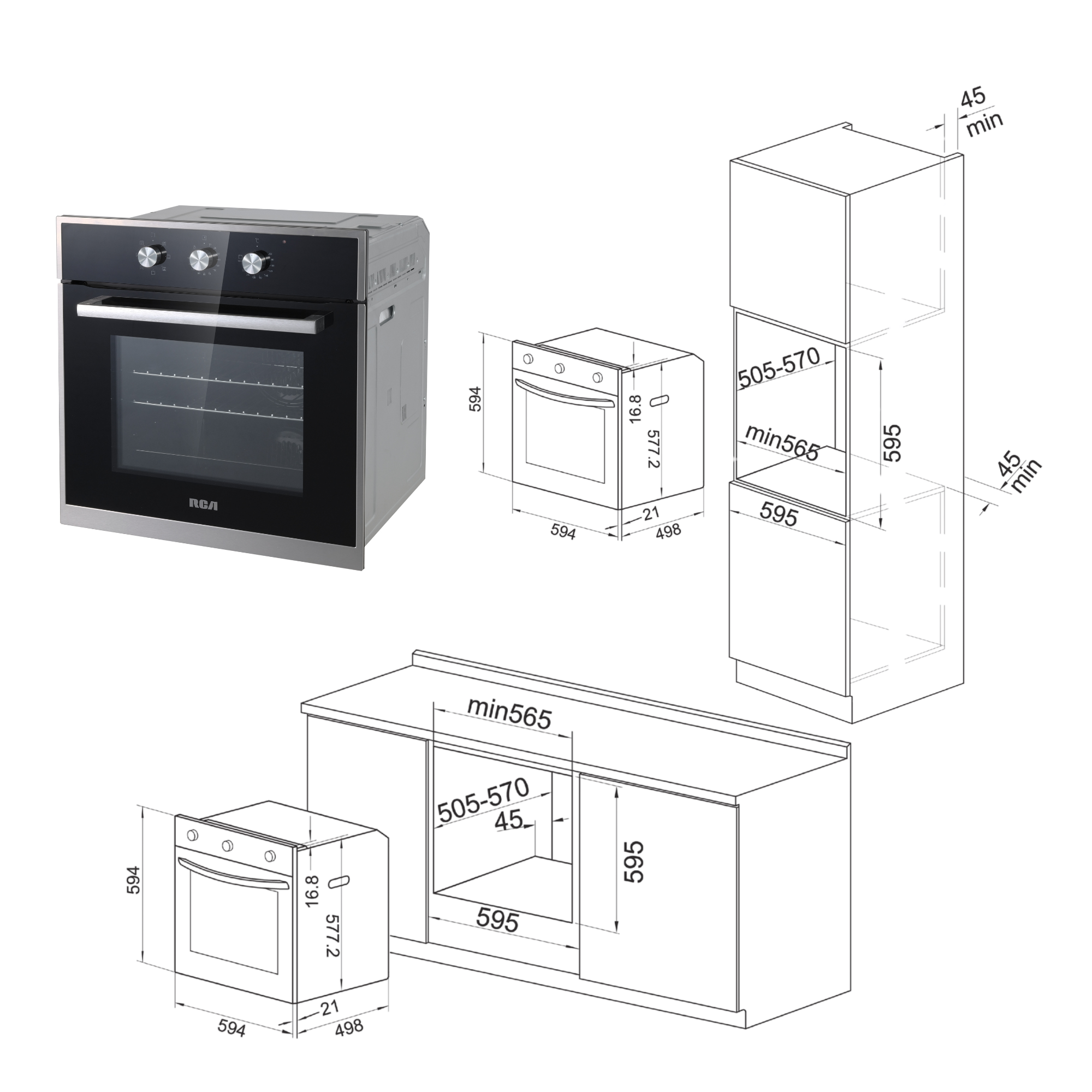 RV-BOEC0601BK - Lò nướng âm tủ RCA 60 cm, 70L, núm vặn, 7 chức năng